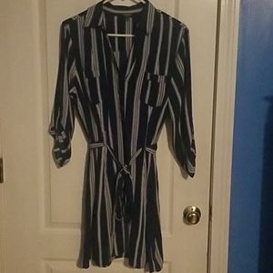 Stripped Belted Long-Sleeved Dress